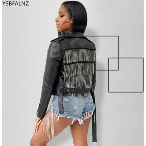 Fringe Coat Faux PU Leather Cropped Jacket With Belt 2020 Spring Women Long Sleeve Lapel Zipper Tassel Basic Jacket Streetwear