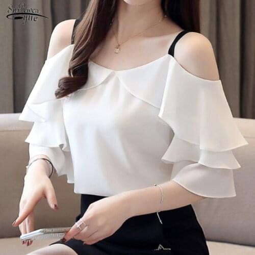 2021 White Blouse Shirt Solid Chiffon Blouse Top for Women Fashion Comfort Women Tops Elegant Short Sleeve Ladies Tops 3571 50