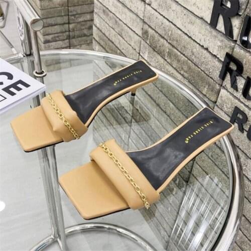 2021 New Design Metal Chain Decoration Women High heels Slippers Summer Outdoor Beach Casual Slip On Mules Slides Shoes
