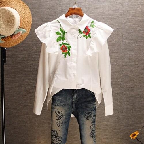 Srping Women Top White Shirt Embroidered Sweet National Style Lapel Cotton Shirts Ladies Long Sleeve Slim Blouses Blusas Mujer