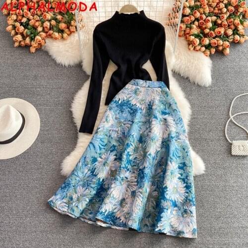 ALPHALMODA Retro Style Oil Painting Medium Long High Waist Jacquard Skirt + Long-sleeved Pullover Slim Sweater Women 2pcs Suit