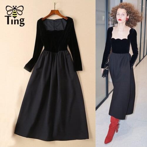 Tingfly Vintage Elegant Velvet Party Dresses Women Square Collar Midi Long A Line Black Dress Celebrity Retro Designer Vestidos