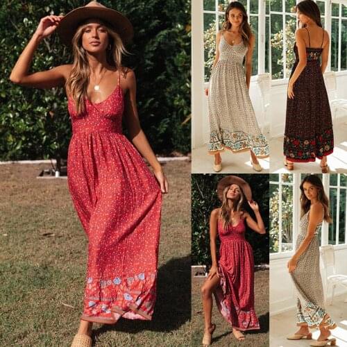 2021 Summer Womens Elegant Dress Printed Frill Strap Casual Dress Bohemian Deep v-Neck Floral Long Dress Hot Selling
