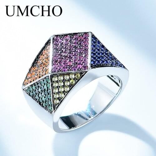 UMCHO Rainbow Color Rings Genuine 925 Sterling Silver Cocktail Ring For Women Engagement Gift Gemstones Jewelry