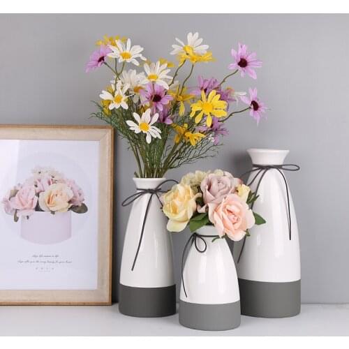 1pc Round Flower Vase White and Grey Ceramic Vase with Bowknot Home Decor Water Planting Container Flower Pot