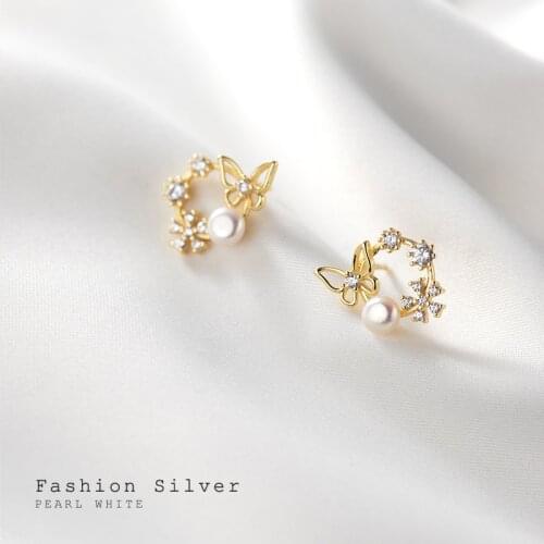 100% Real. 925 Sterling Silver Fine Jewelry piercing shell pearl Butterfly Crystal flower Stud Earrings C-G8173