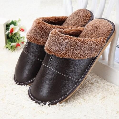 2021Waterproof Winter Warm Home Slippers Men Women Couple Genuine Cow Leather Pantufas Wool Plush Man Mujer Floor Slipper Shoe