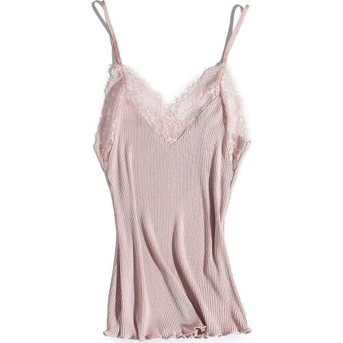 70%Silk 30%Cotton Tank top women Lace collar Knit silk Rib Tops Camis for women All match undershirts Fashion Woman tees
