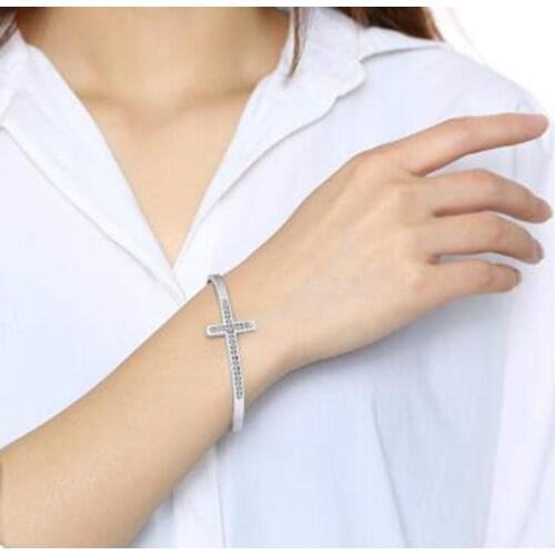 Cross Bangle for Women Shinny Bling Crystals Cuff Bracelet Elegant Wedding Jewelry
