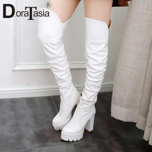 DORATASIA Brand Lady Solid Black Platform Block Heel Boots Party Dress Designer Boots Women Fashion Knee High Shoes Woman