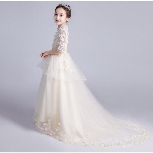 Long Trailing Flower Girl Dress Appliques Lace Wedding Party Dress Princess Pageant Long Gown First Communion Evening Costume
