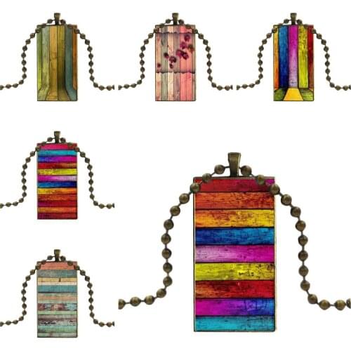 For Men Women Design Fashion Vintage Glass Women Rectangle Necklace Pendants Colorful Vintage Pink Wood Print