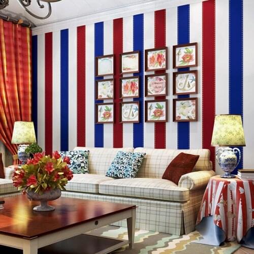 European Wallpaper Retro Bedroom ChildrenS Room Wall Sticker Red Blue Vertical Stripes British Style Wallpaper 0.53 M * 10M