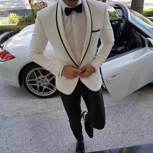 Italian White Slim Fit Man Suits for Wedding 2 Pieces Groom Tuxedos with Black Pants Shawl Lapel Custom Male Fashion Jacket