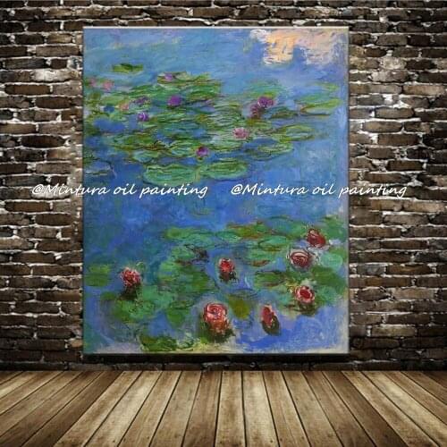 Mintura Handpainted Reproduction Famous Landscape Claude Monet oil Painting Canvas Red Water Lilies Oil Painting Wall Decoration