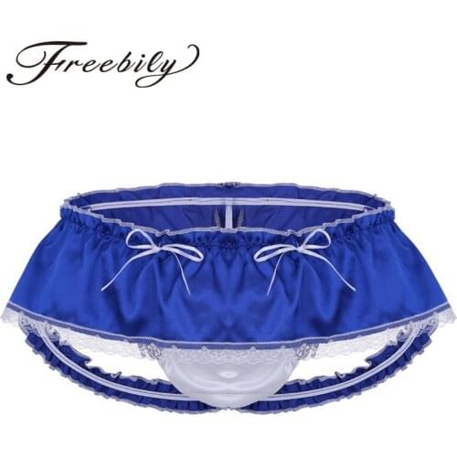 Mens Lingerie Gay Panties Soft Shiny Satin Ruffled 3 Bum Straps Skirted Panties Lace Briefs Underwear Underpants