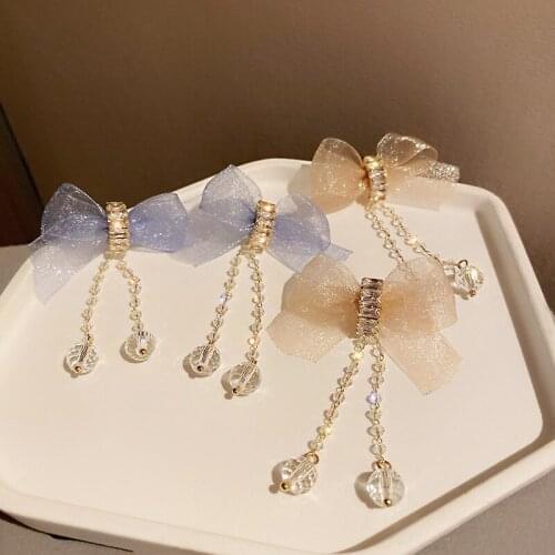 Korean 2021 Summer New Trendy Cloth Bow Crystal Tassel Earrings For Women Sweet Jewelry Elegant Long Dangle Pendientes