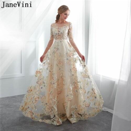JaneVini 2019 Champagne Tulle Bridesmaid Dresses Scoop Neck 3/4 Long Sleeves Embroidery Flowers Pattern A Line Party Prom Gowns