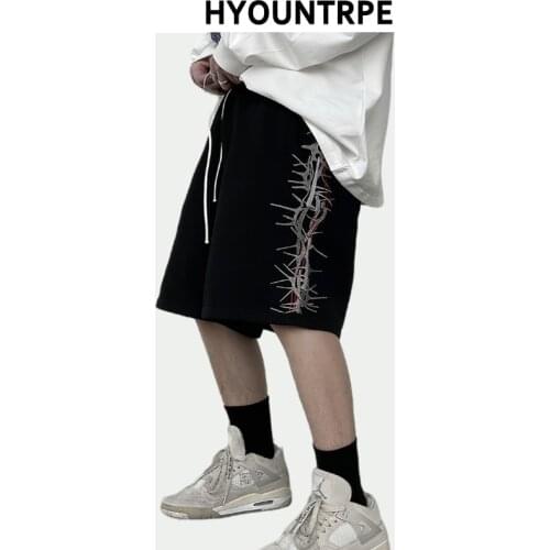 Hip Hop Loose Shorts Elastic Waist Pants Fashion Side Embroidery Half Pant Men Casual Drewstring Streetwear Sportswear Joggers