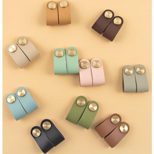 Nordic Furniture Leather Pull Handle Drawer Knob Brass Head Wardrobe Cupboard Cabinet Handle Soft Door Pulls Decorative Hardware