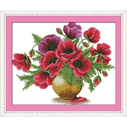 Everlasting Love Poppy Flower Vase Ecological Cotton Cross Stitch Kits 11CT 14CT Stamped Printed DIY Wedding Decoration For Home