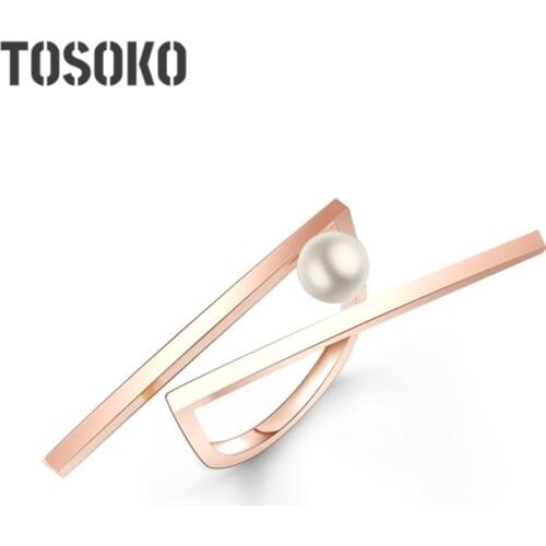 TOSOKO Stainless Steel Jewelry U-shaped Pearl Staggered Ring Fashion Womens Ring BSA034