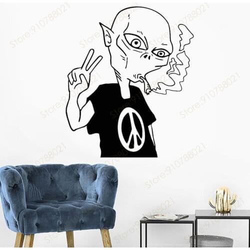 Funny Alien Peace Love Smoking UFO Wall Stickers Vinyl Home Decor for Room Bedroom Space Decoration Decals Removable Murals S327