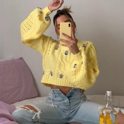 Womens Round Neck Sweaters Long Lantern Sleeve Floral Pattern Cable Knit Crop Tops