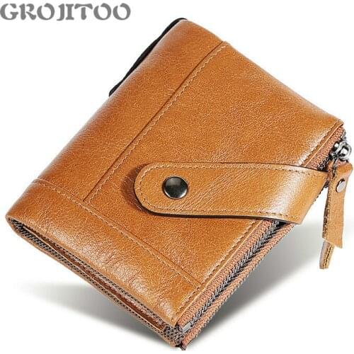 GROJITOO Genuine Cow Leathe Female Wallet Double zipper short mens wallet cowhide leather buckle anti-magnetic change bags