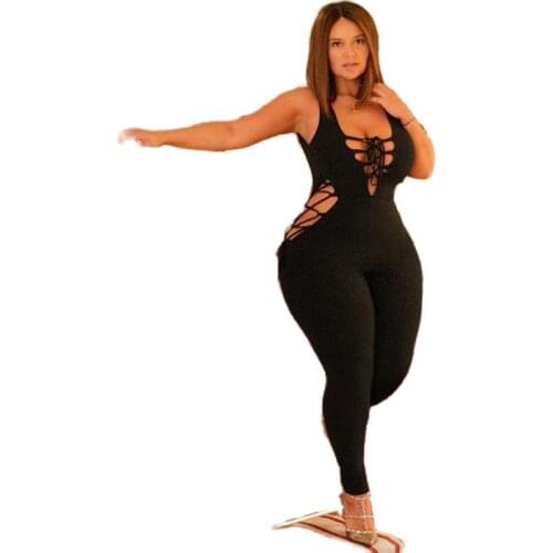 SCSTRONGER New Solid Color Sleeveless Deep V Sexy Tight Plus Size Womens Jumpsuit Casual Female Outfits Fashion Clothes