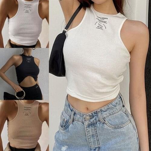 Women Sleeveless O-Neck Crop Tank Top Harajuku Letters Ribbed Racerback Vest