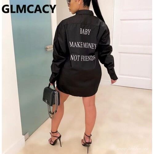 Women Loose Style Casual Long Sleeve Letter Printed Mini Solid Shirt Dress