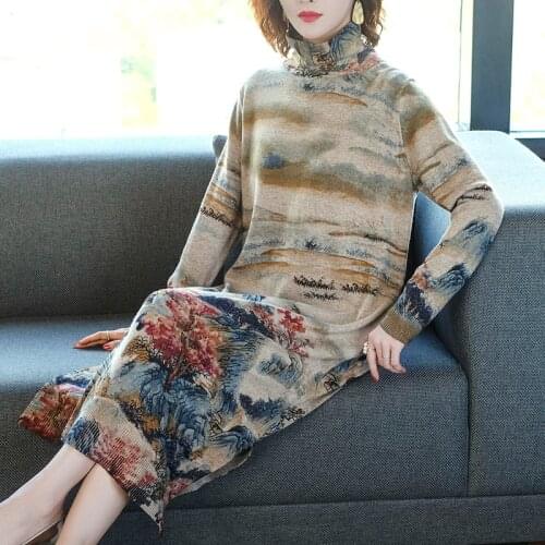 2020 Winter Vintage Floral Turtleneck Wool Sweaters Autumn Casual Plus Size Maxi Dress Women Elegant Warm Knitting Long Sweaters