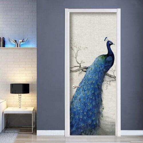 2 pcs 3D PVC Mural Wallpaper Door Sticker Poster Blue Peacock Self-Adhesive Bedroom Door Art Home Decoration Stickers Waterproof