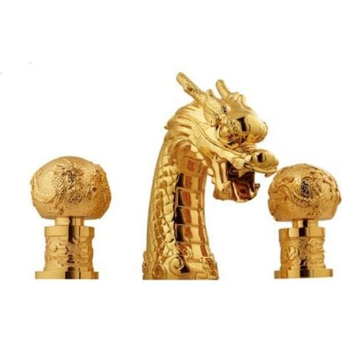 Free shipping double Handles gold clour 3 Pcs Widespread lavatory Dragon Pattern Bathroom Sink Faucet