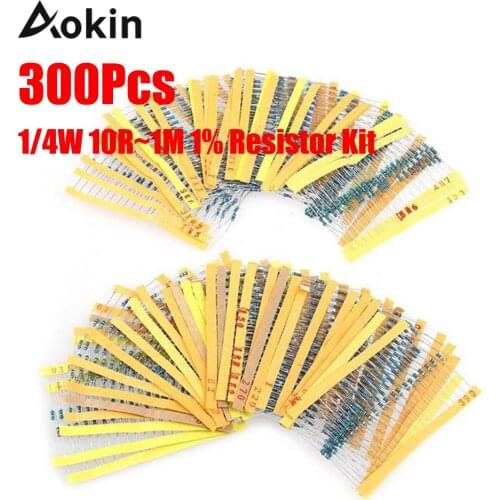 300pcs 1/4W 10R~1M 1% Metal film resistor 100R 220R 1K 1.5K 2.2K 4.7K 10K 22K 47K 100K 100 220 1K5 2K2 4K7 6K8 ohm resistance