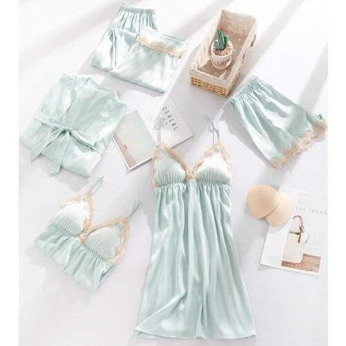 Women Sexy Sleepwear Satin Kimono Bathrobe Gown Lounge Wear Faux Silk Pajamas Suit PJS Set Lace Patchwork 5PCS Nightwear