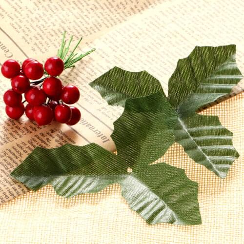 50Pcs Artificial Red Holly Berries & 50Pcs Silk Green Fake Flower Leaves Garland Wreath Wedding Gift Garden Craft DIY Decoration