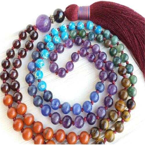 8mm 7 Chakras Gemstone 108 Beads Mala Tassel Necklace Mala Classic Chakra Tibetan Japa Prayer Wristband Retro