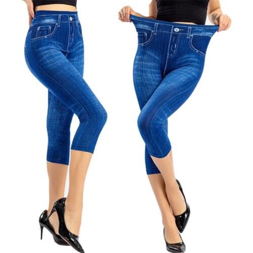 Dropshipping 2021 Women Denim Print Leggings Butt Lifting Fashion Slim Fit Elastic Trousers Cropped Pants Yoga Fittness Pants