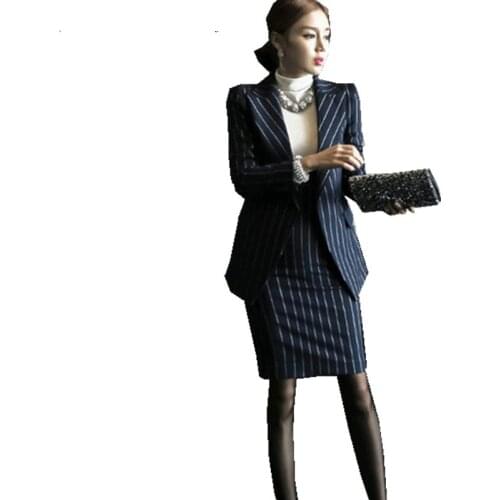 Formal Vertical Striped 2 Piece Set 2020 Winter Women Vintage Blazer Slim Mid Long Suit Jacket+Sexy V-Neck Lady Dress