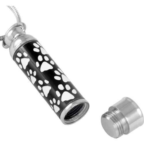 IJD8376 Stainless Steel White Pet Paw Print Cylinder Bubble Necklace for Ashes Urn Memorial Keepsake Pendant Jewelry