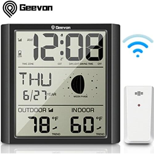 Geevon Alarm Clock Weather Station Indoor Table Watch With Temperature And Humidity Gauge Digital Moon Phase Snooze Desk Clocks