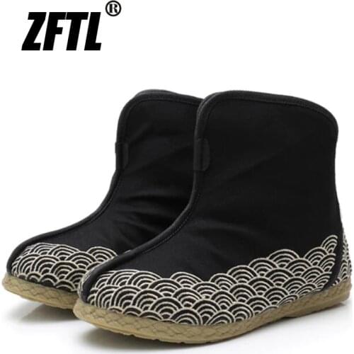 ZFTL Men boots handmade Chinese traditional mens shoes winter canvas black Casual boots mens embroidery short tube boots 0105