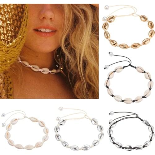 New Shells Necklace Bohemian Natural Seashell Choker Black Rope Chain Beads for Women Jewelry Gifts for Summer Beach Mom Sisters