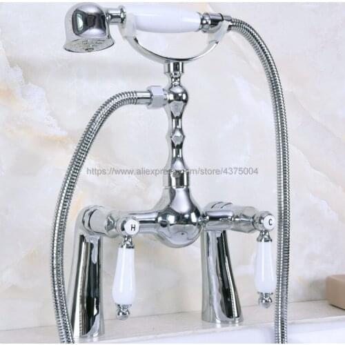 Polished Chrome Shower Faucet Deck Mounted Double Handles Bathroom Shower Mixer Faucet with Hand Shower Nna118