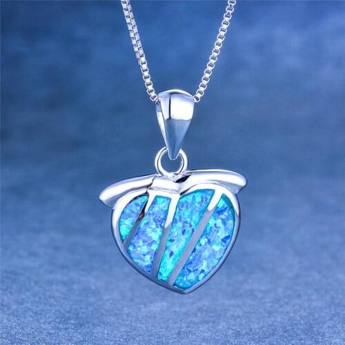 Luxury White Blue Opal Stone Necklace Boho Female Big Heart Pendant Necklace Vintage Silver Color Black Gold Necklaces For Women