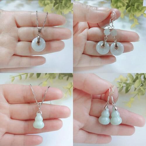 925 Silver Natural Emerald Gourd safety buckle Beads Earrings Necklace Jewellery Fashion DIY Hand-Carved Woman Amulet Gifts