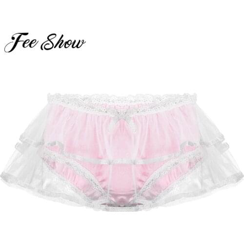 Gay Men Male Sexy Lingerie Panties Underpants Breathable Mesh Layers Ruffle Lace Trim Jockstrap Sissy Briefs Underwear Nightwear