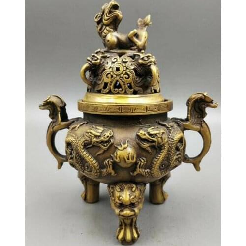 Marked Chinese Bronze Gild Animal Dragon Lion Tripodia Incense Burner Censer